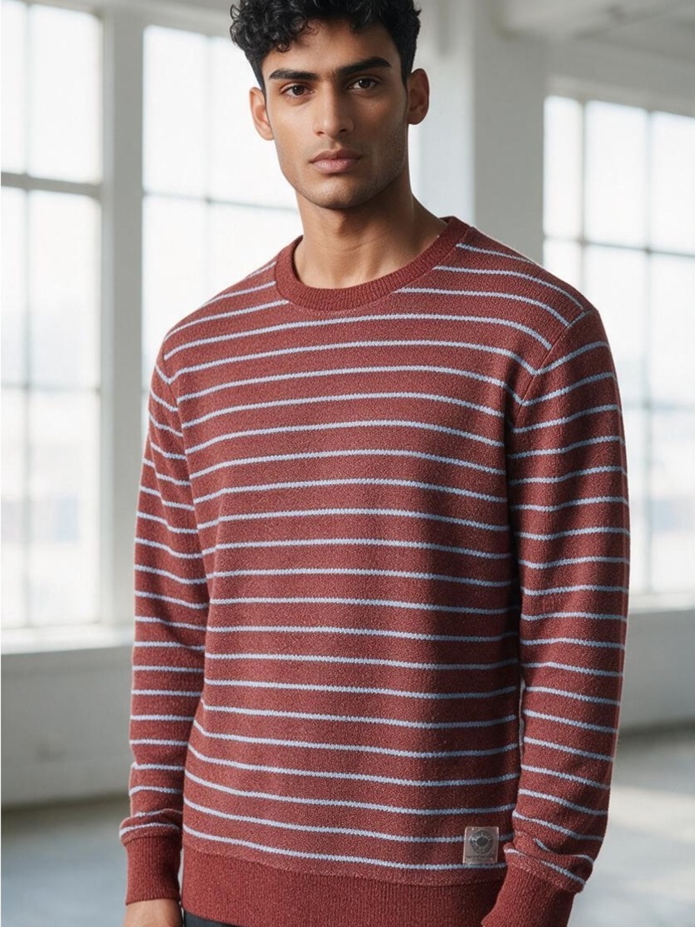 Scotch & Soda Brick Red and Light Blue Striped Crewneck Sweater